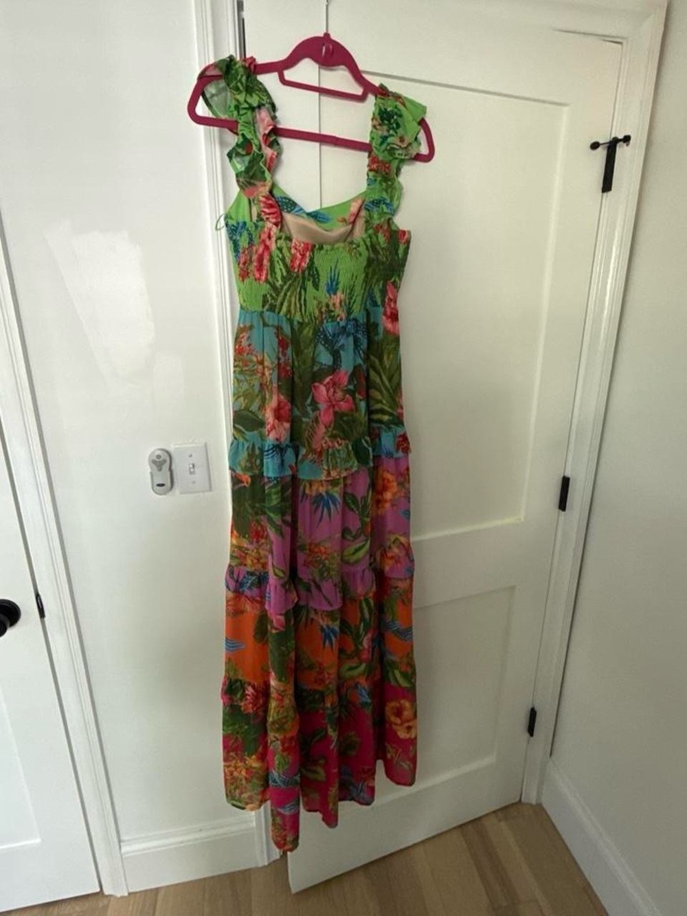 Flying Tomato Green Tropical Floral Maxi Dress with Pink and Orange Accents